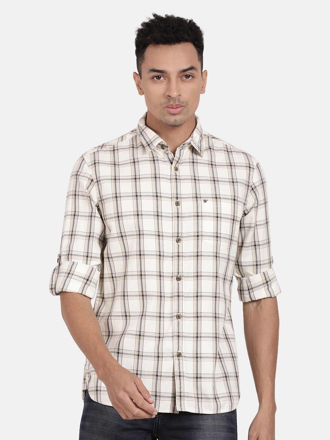 

t-base Windowpane Checked Button-Down Collar Cotton Casual Shirt, Off white