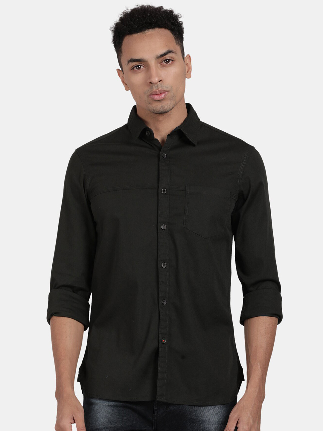 

t-base Spread Collar Casual Cotton Lycra Shirt, Green