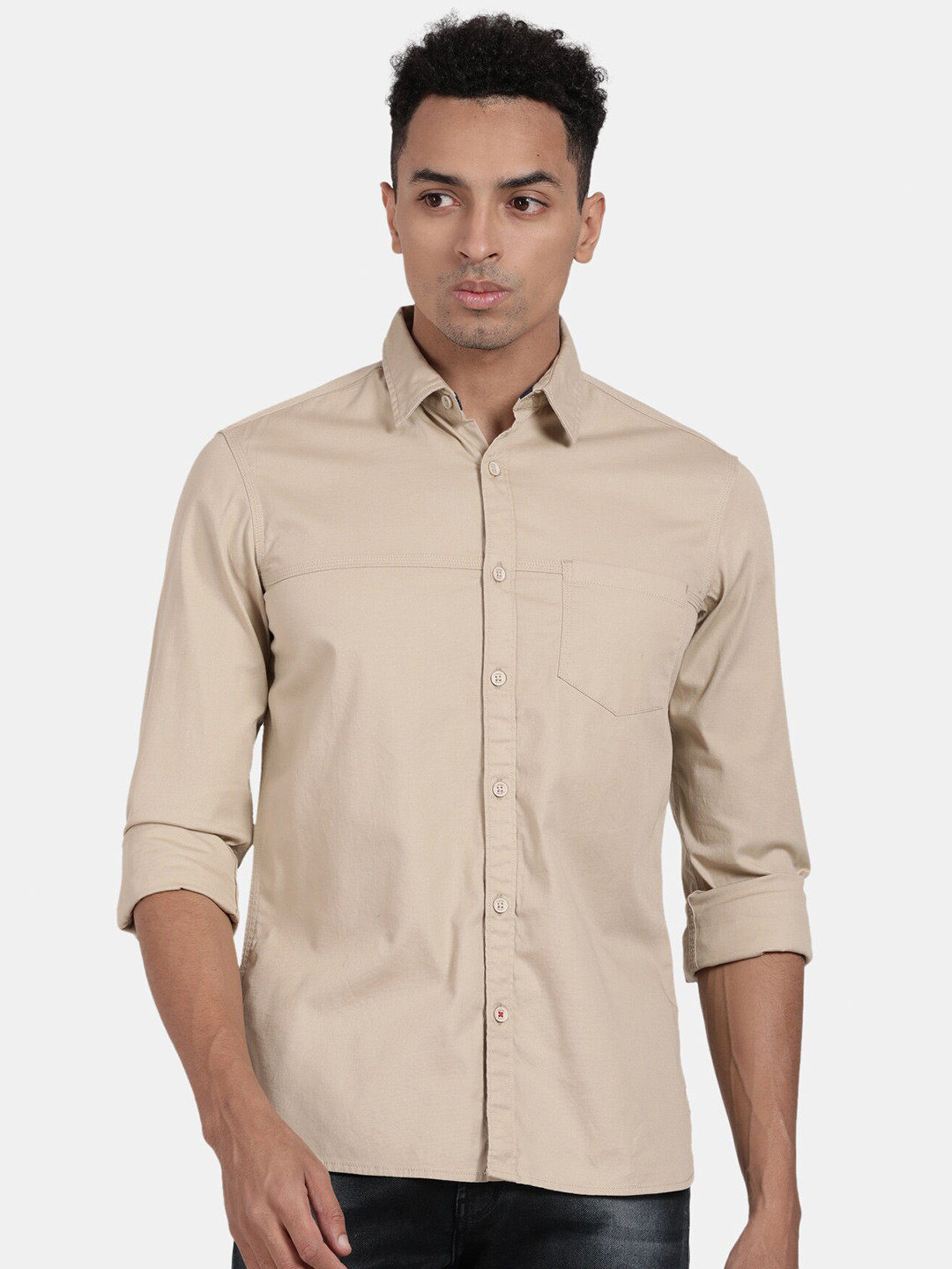 

t-base Spread Collar Cotton Casual Shirt, Beige