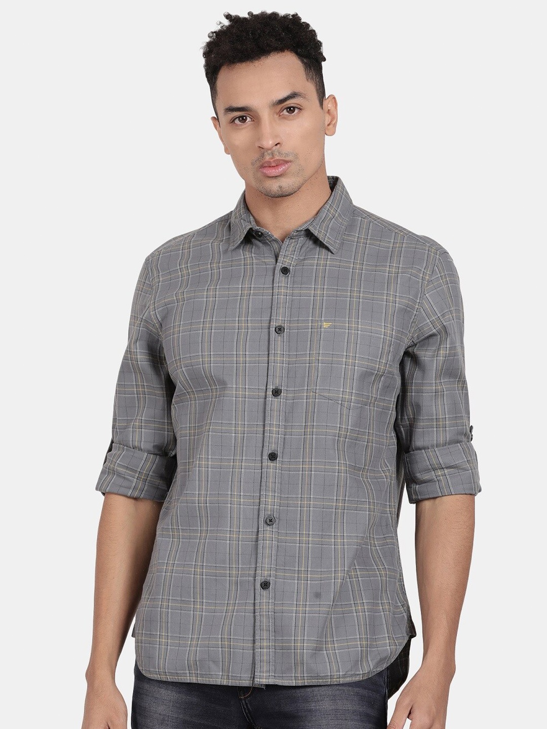 

t-base Checked Cotton Casual Shirt, Grey