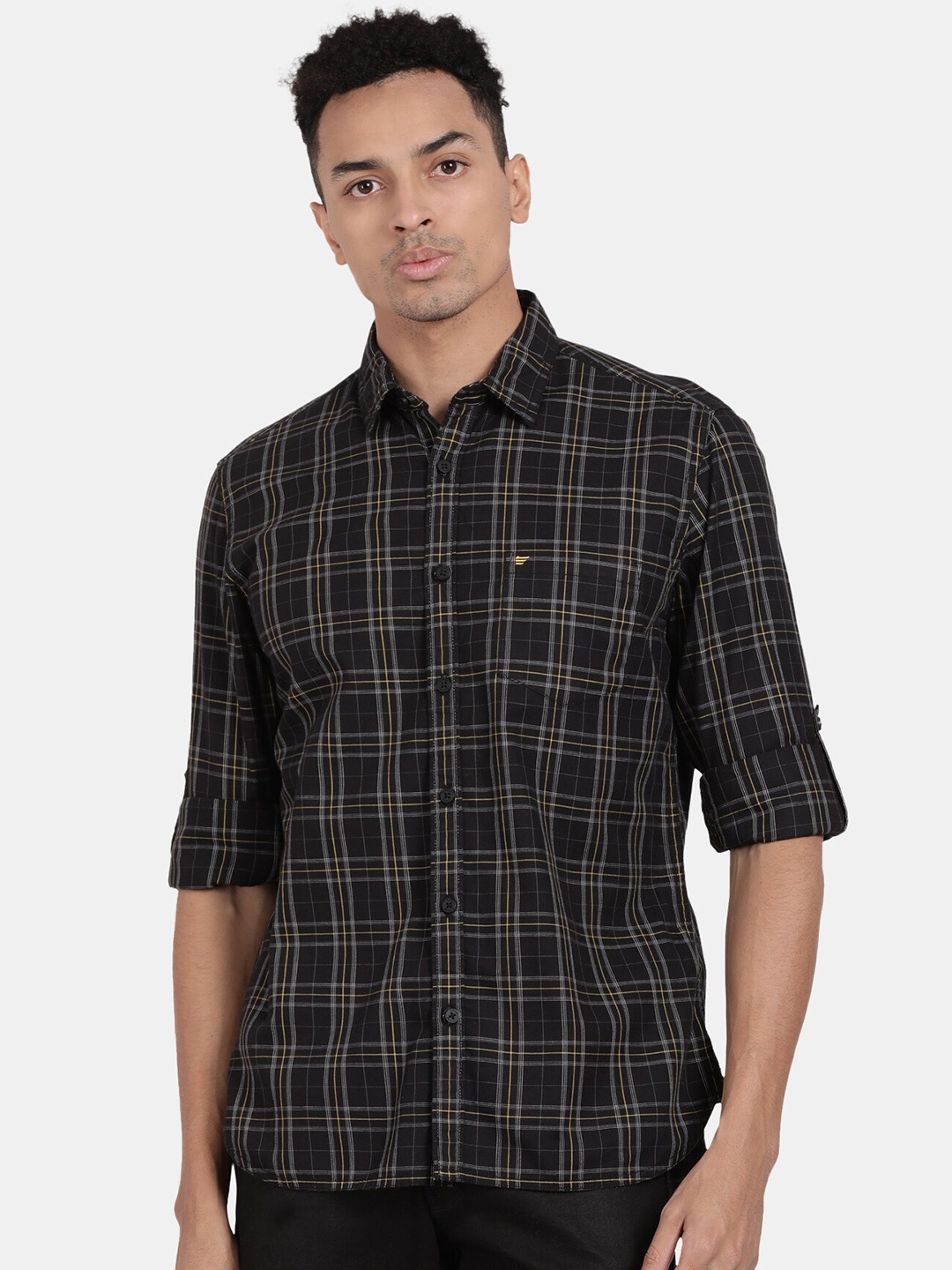 

t-base Tartan Checks Cotton Casual Shirt, Black