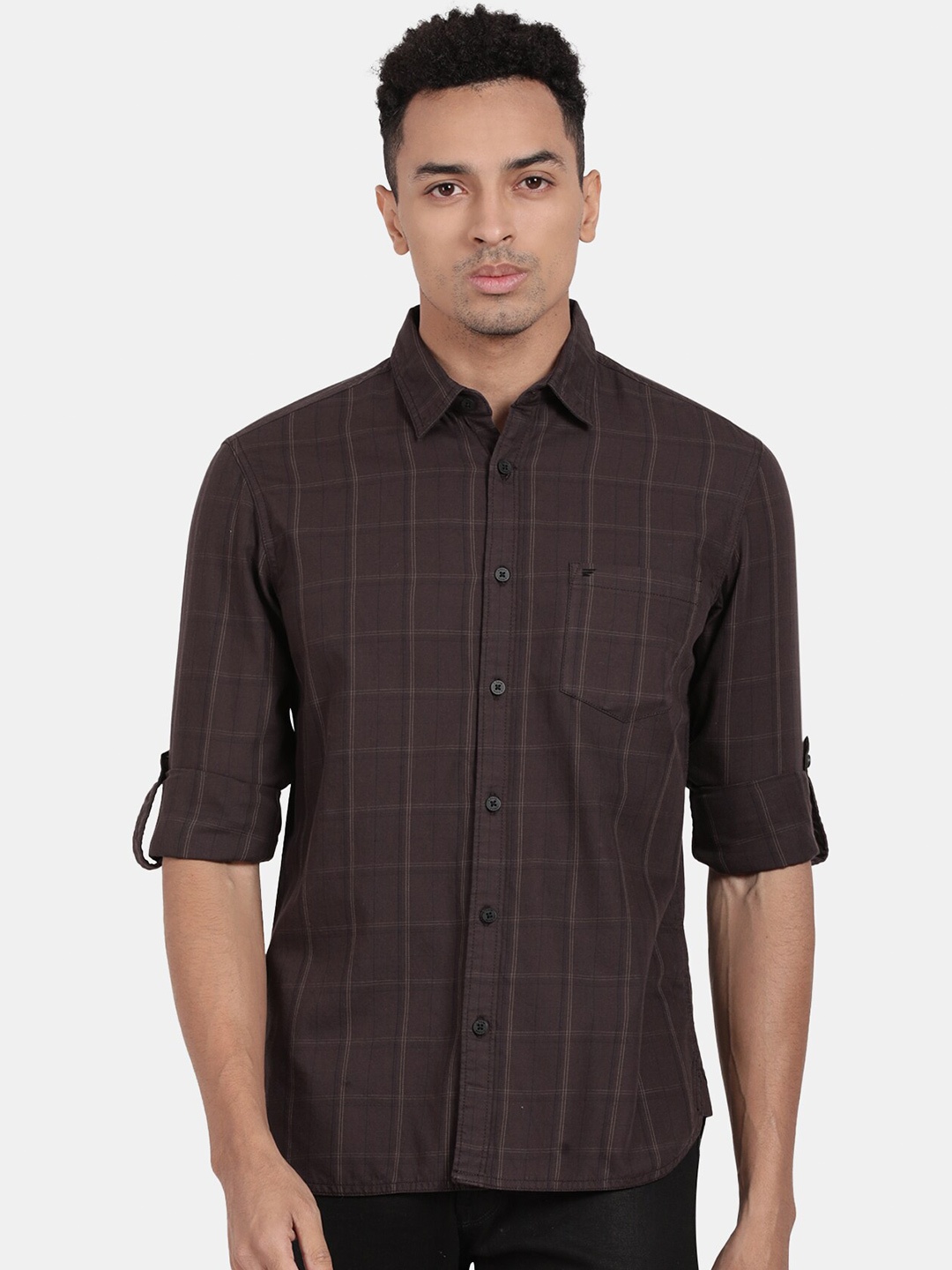 

t-base Windowpane Checks Opaque Cotton Casual Shirt, Brown
