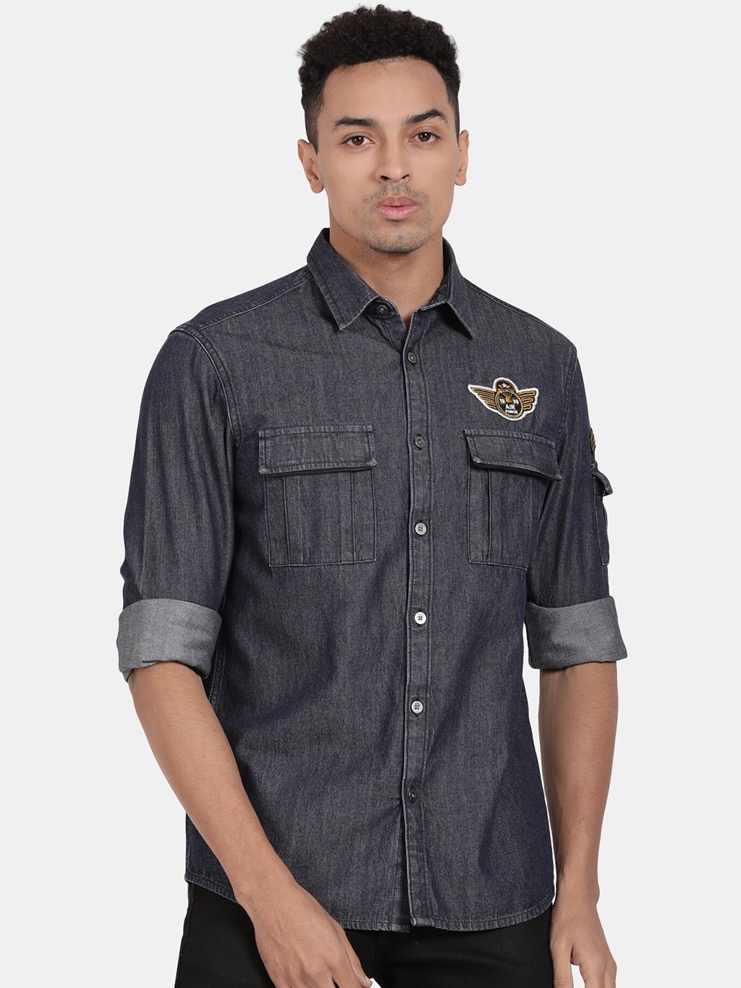 

t-base Spread Collar Cotton Denim Shirt, Black