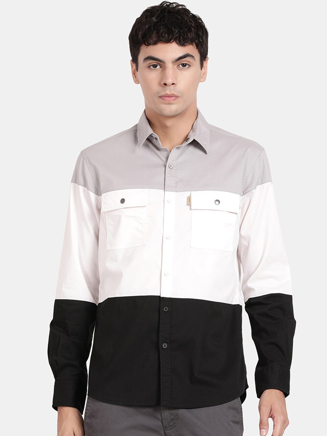 

t-base Colourblocked Cotton Casual Shirt, Grey
