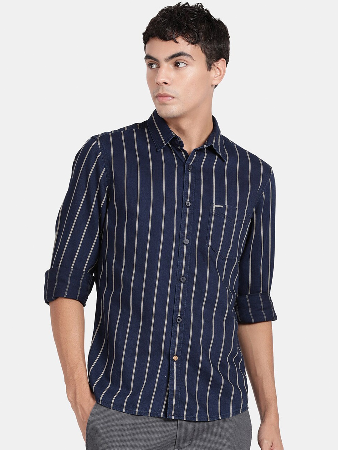 

t-base Vertical Striped Cotton Casual Shirt, Navy blue