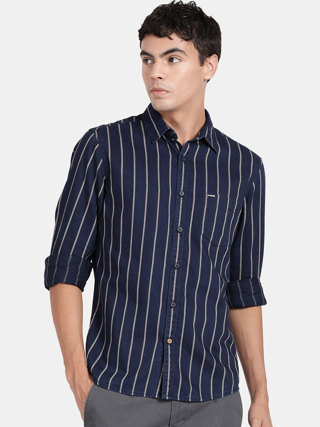 

t-base Opaque Striped Cotton Casual Shirt, Blue