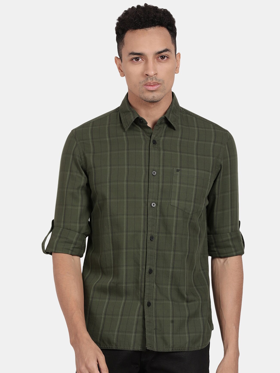 

t-base Tartan Checked Casual Cotton Shirt, Olive