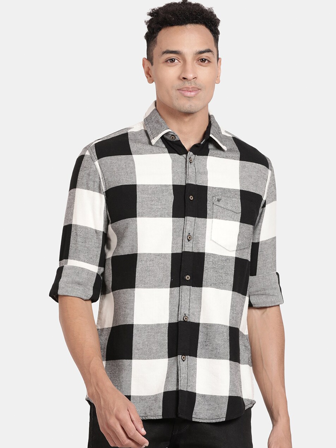 

t-base Gingham Checked Cotton Casual Shirt, Black