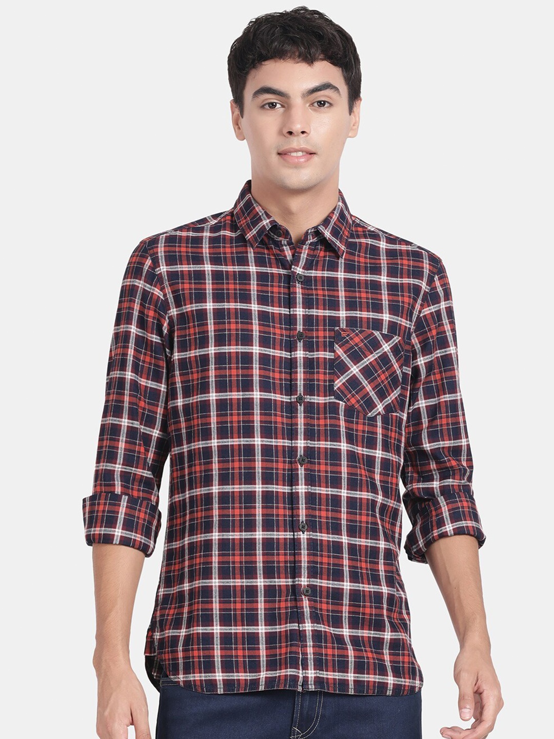 

t-base Tartan Checks Cotton Casual Shirt, Navy blue