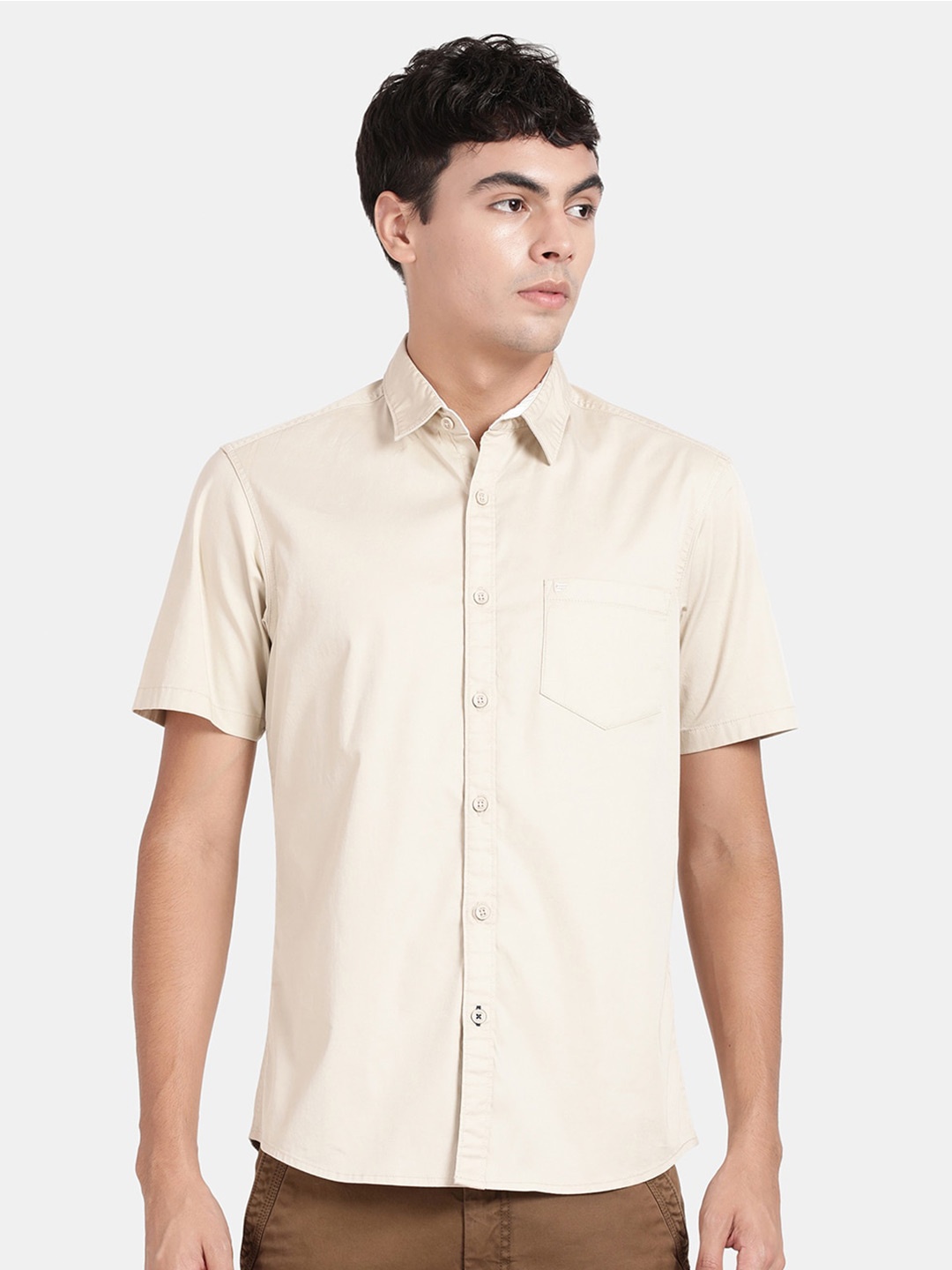 

t-base Spread Collar Cotton Casual Shirt, Beige