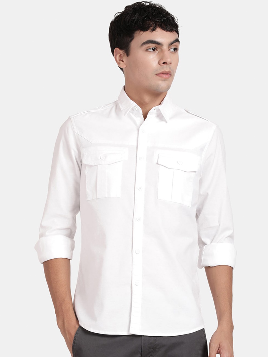 

t-base Spread Collar Opaque Casual Cotton Shirt, White