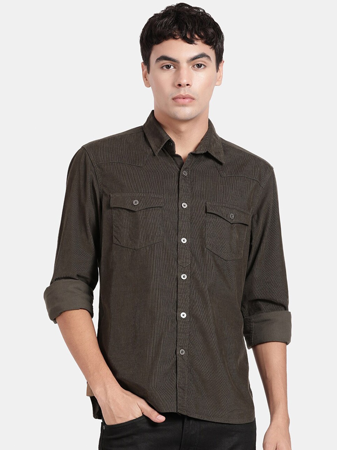 

t-base Spread Collar Cotton Casual Shirt, Olive