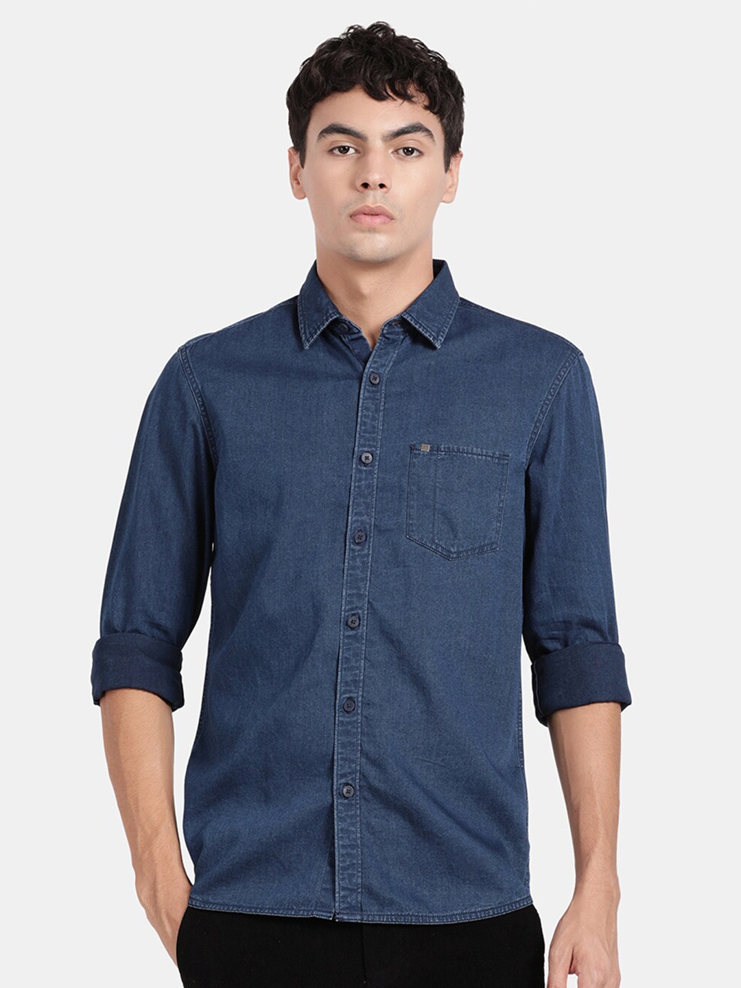 

t-base Spread Collar Casual Denim Cotton Shirt, Blue