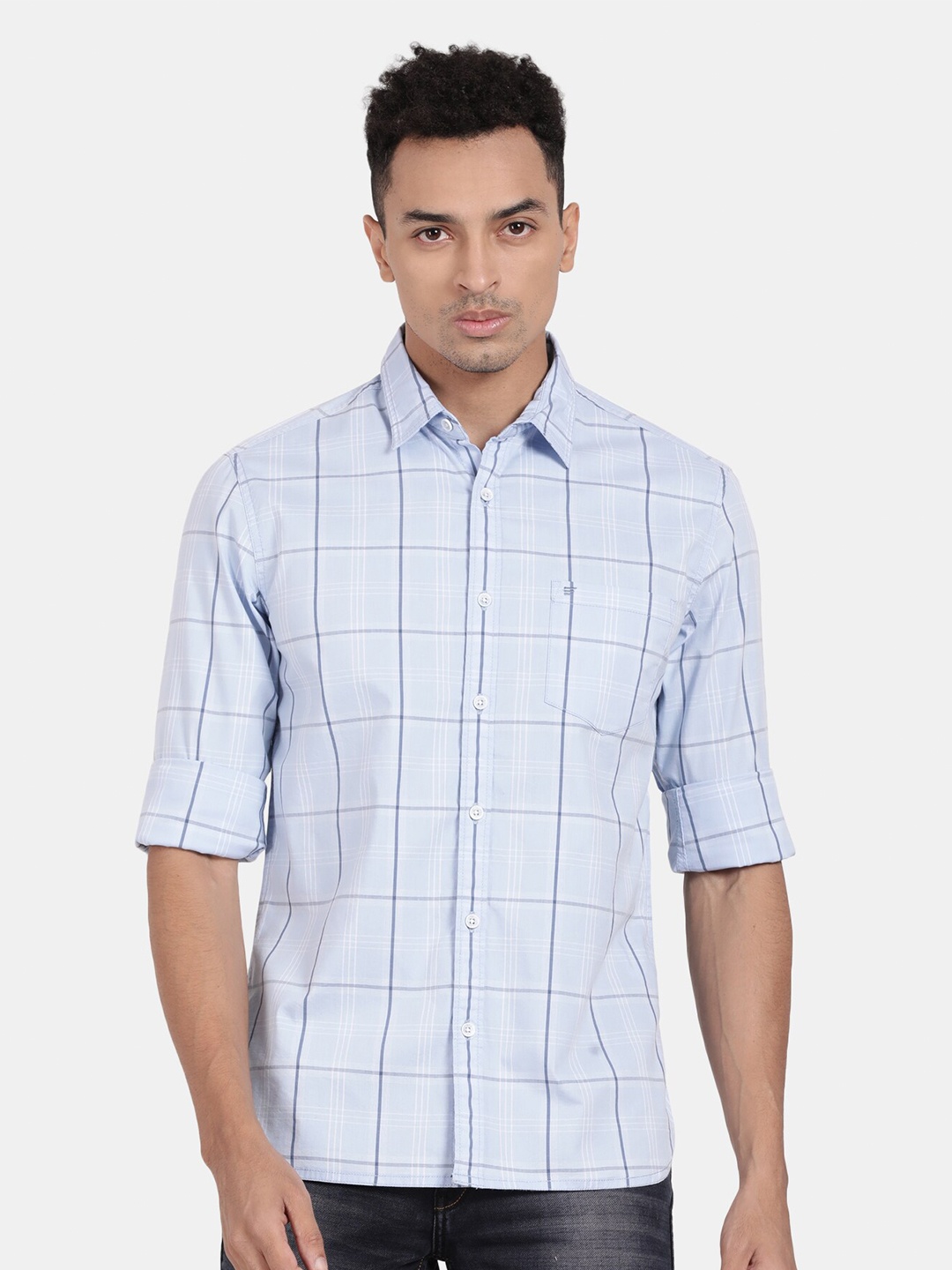 

t-base Windowpane Checked Cotton Casual Shirt, Blue