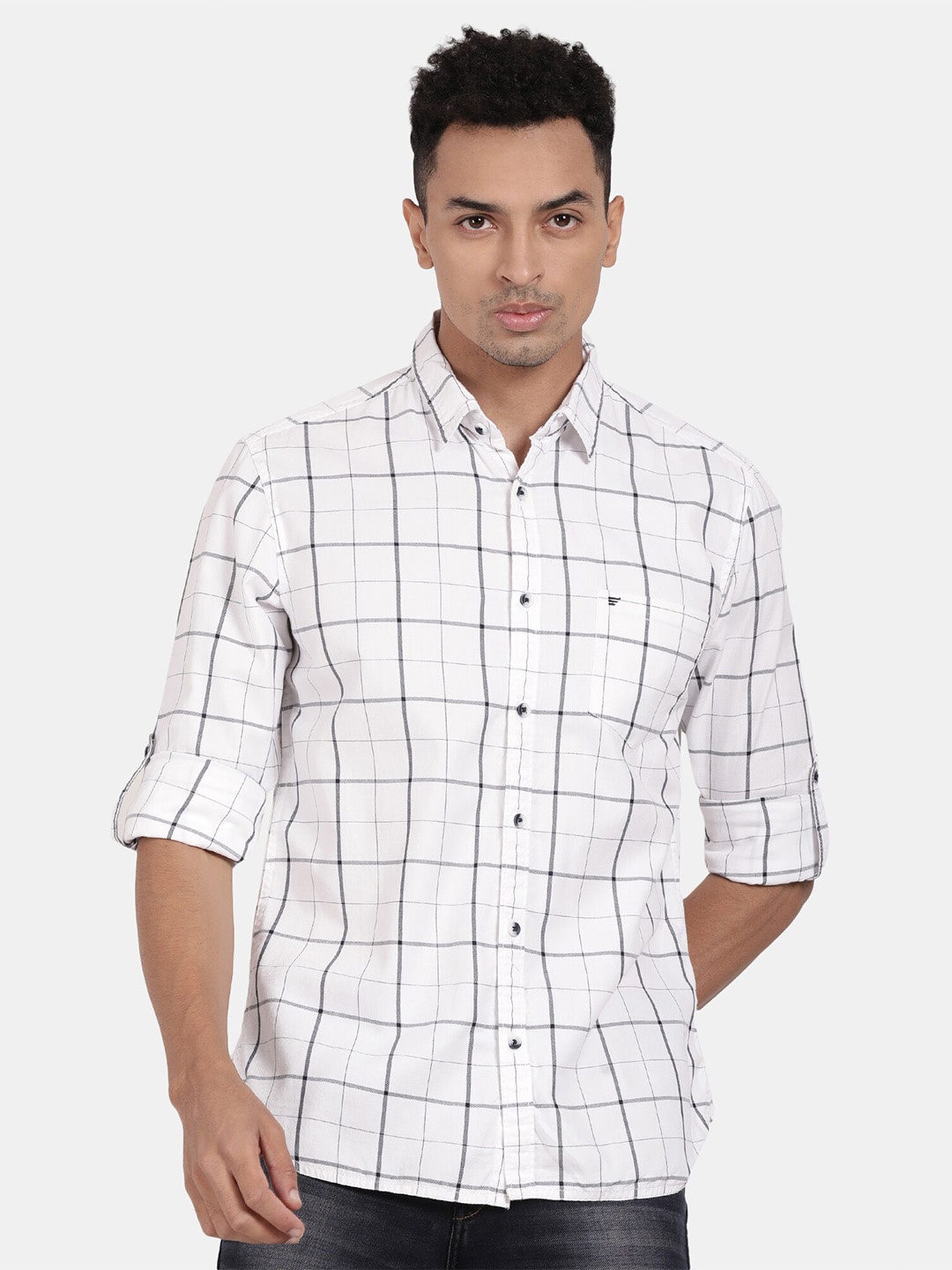 

t-base Windowpane Checked Cotton Casual Shirt, White