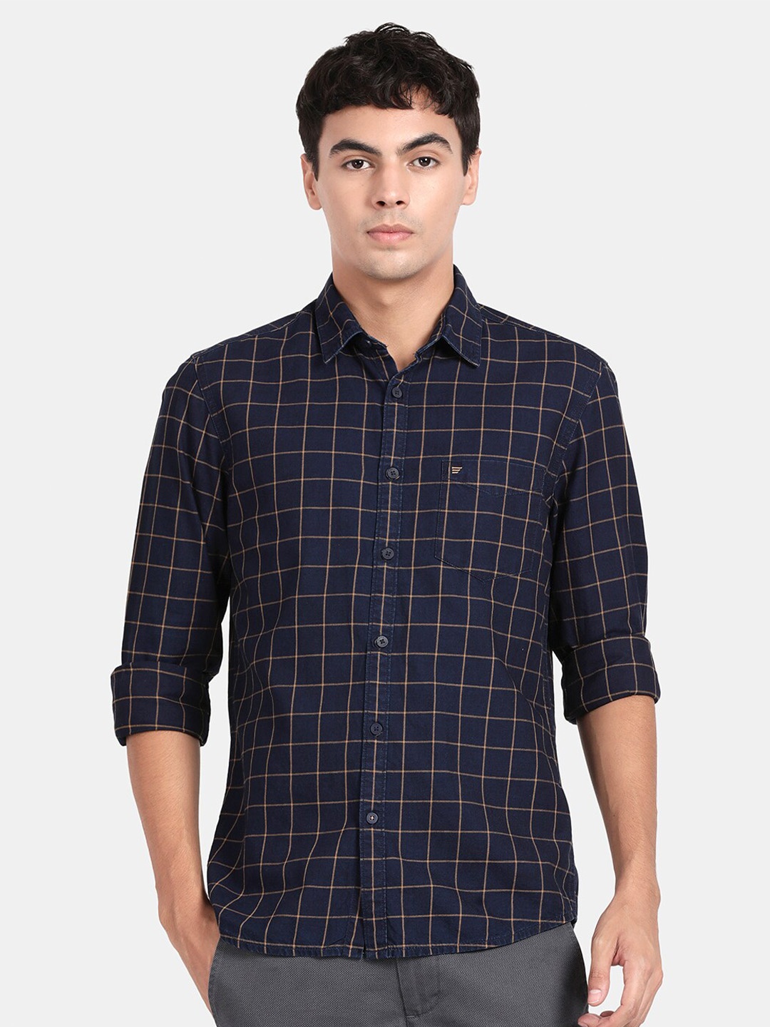 

t-base Grid Tattersall Checked Cotton Casual Shirt, Navy blue