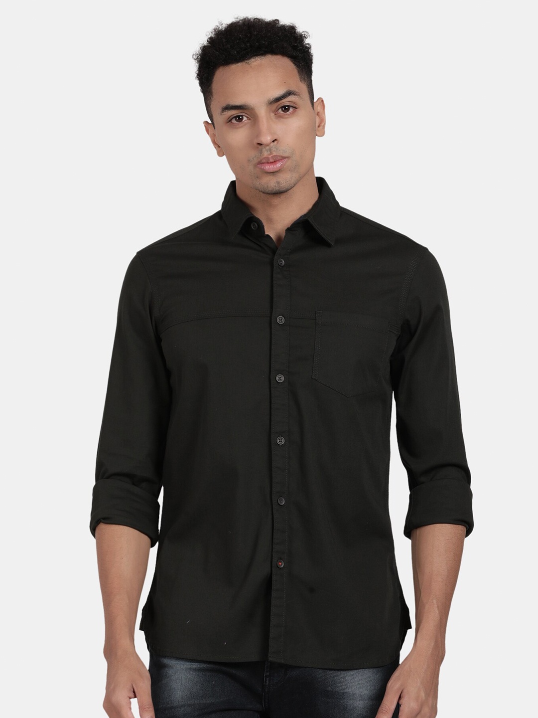 

t-base Spread Collar Opaque Cotton Casual Shirt, Olive