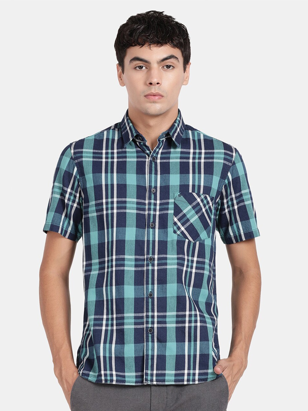 

t-base Tartan Checks Cotton Casual Shirt, Navy blue