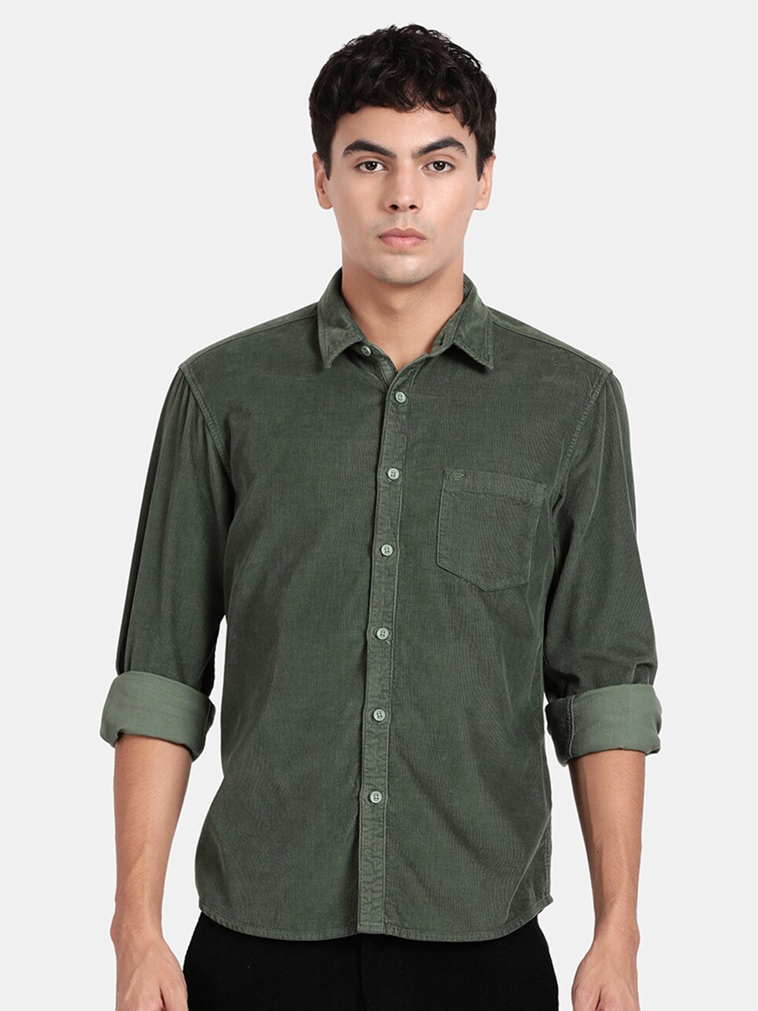 

t-base Spread Collar Cotton Opaque Casual Shirt, Green