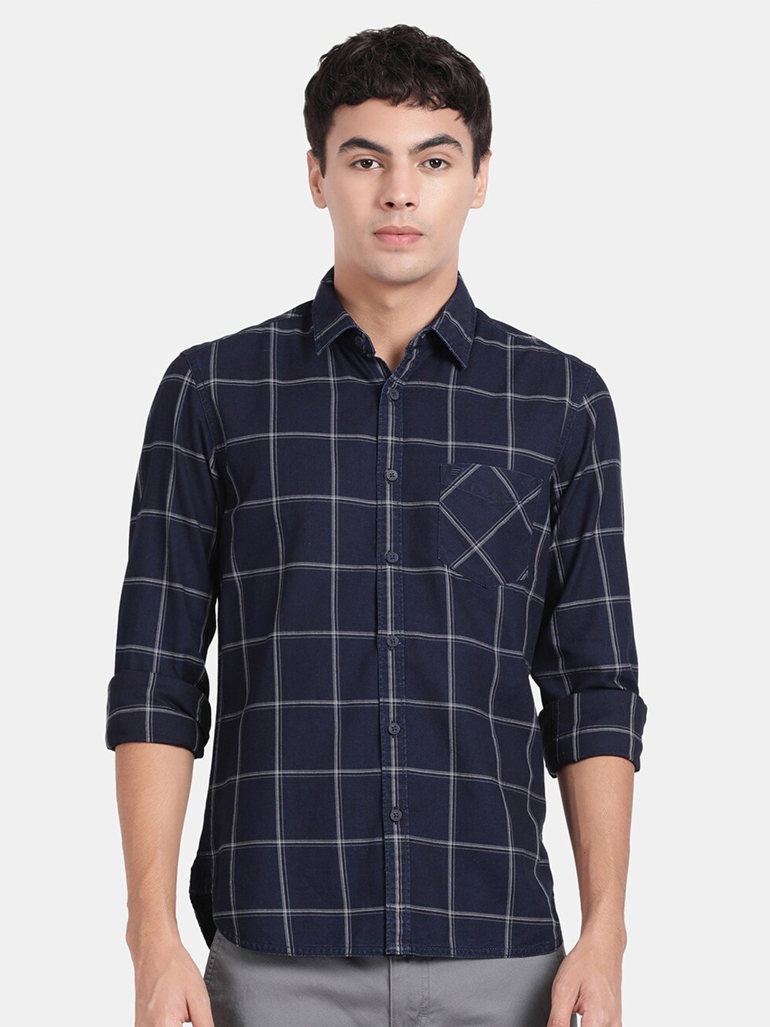 

t-base Windowpane Checked Cotton Casual Shirt, Navy blue