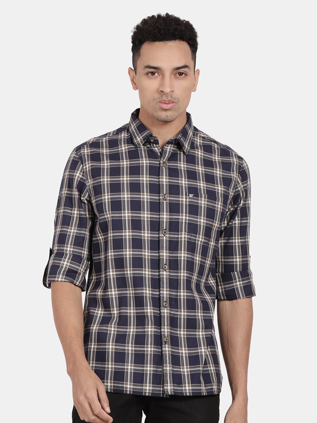 

t-base Tartan Checked Cotton Casual Shirt, Navy blue