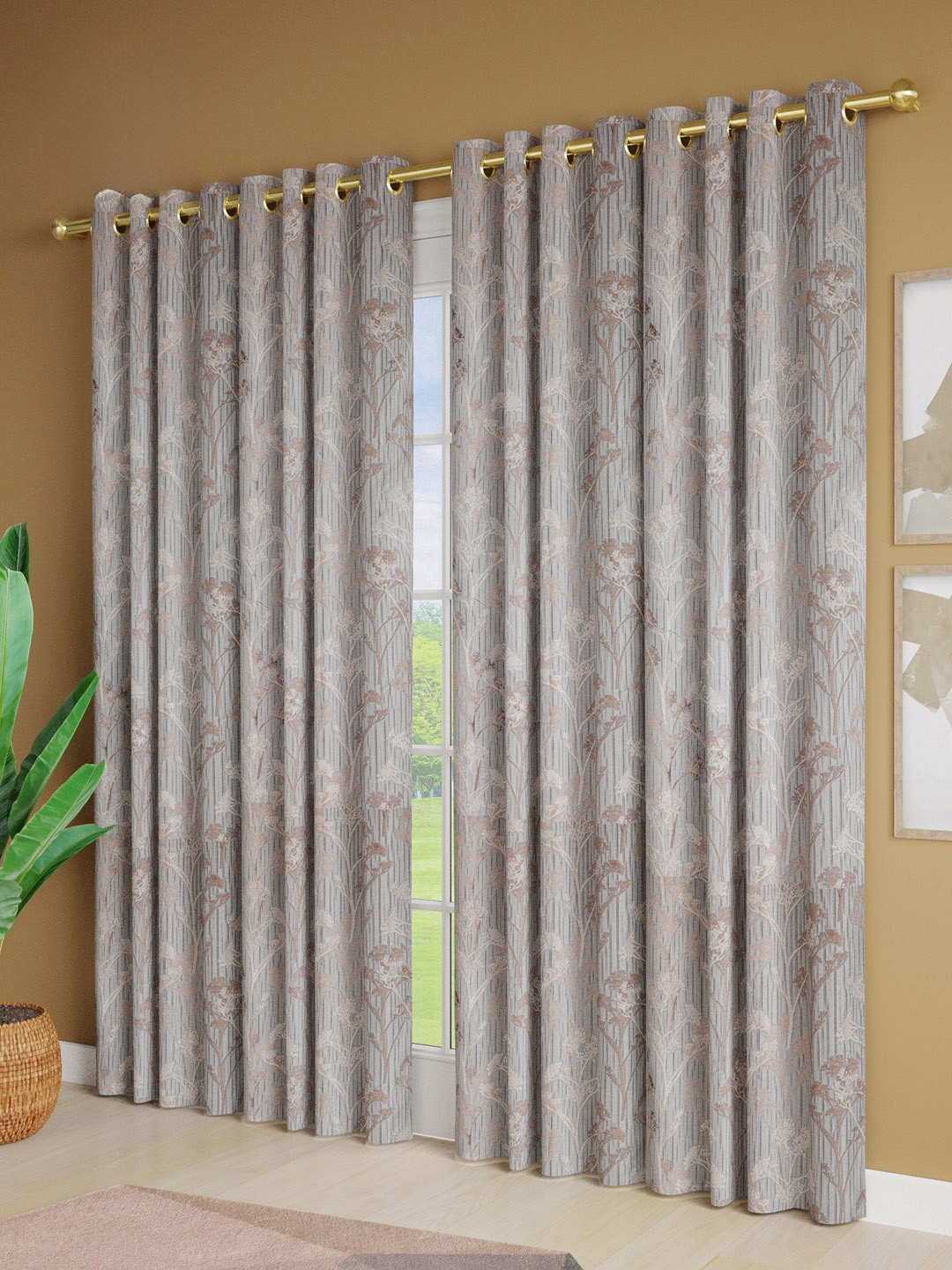 

Just Home Blue & Gold-Toned 4 Pieces Floral Room Darkening Jacquard Door Curtains