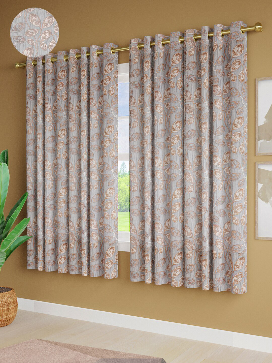

Just Home Blue & Gold-Toned 4 Pieces Floral Room Darkening Jacquard Window Curtains