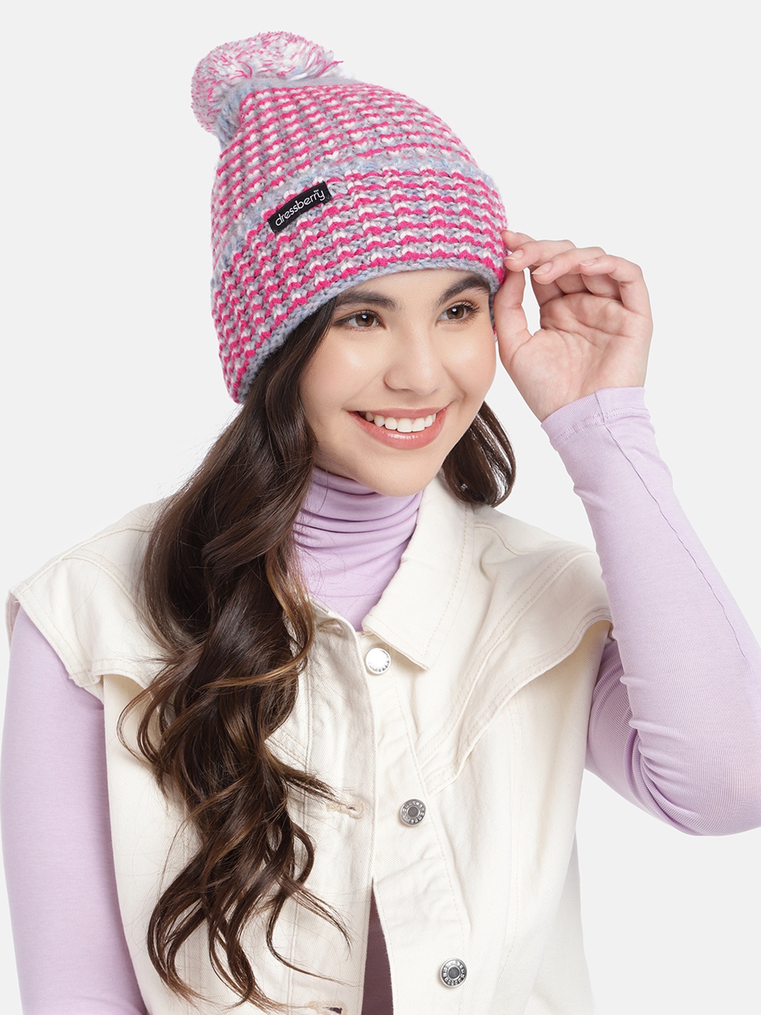 

DressBerry Women Self Design Beanie with Pom Pom, Red