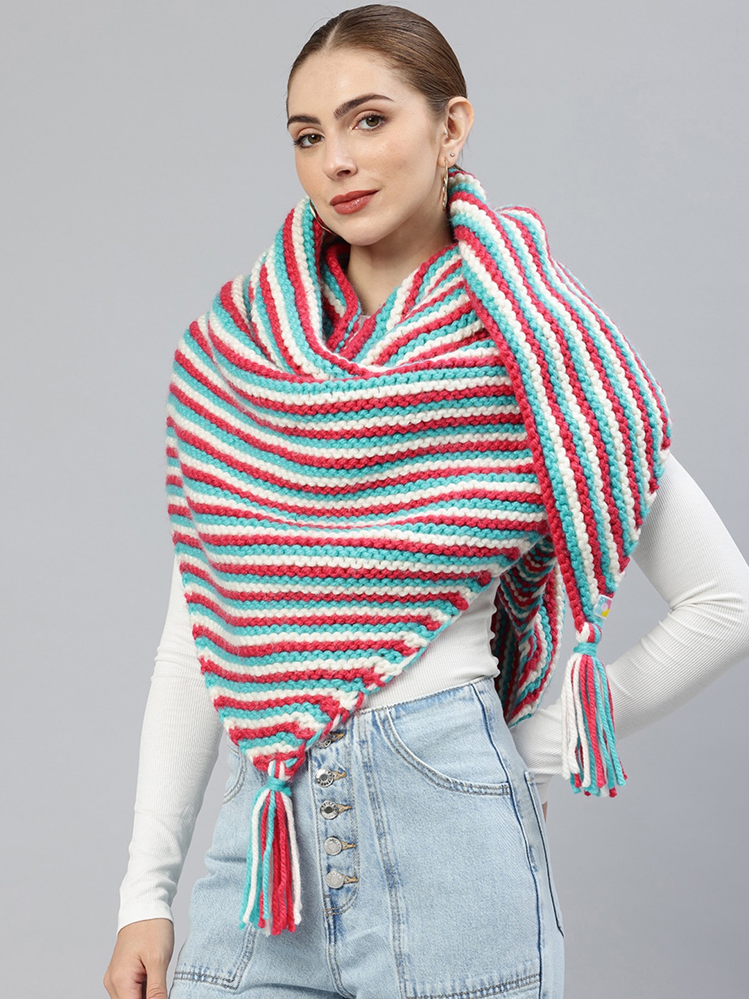 

Magic Needles Women Striped Acrylic Knitted Shawl, White