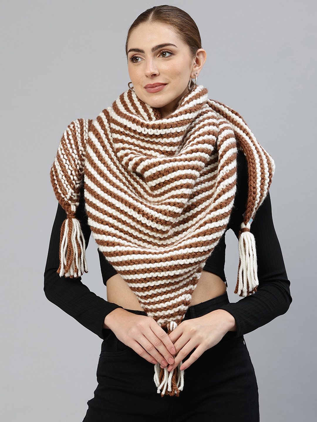 

Magic Needles Women Striped Acrylic Knitted Shawl, Brown