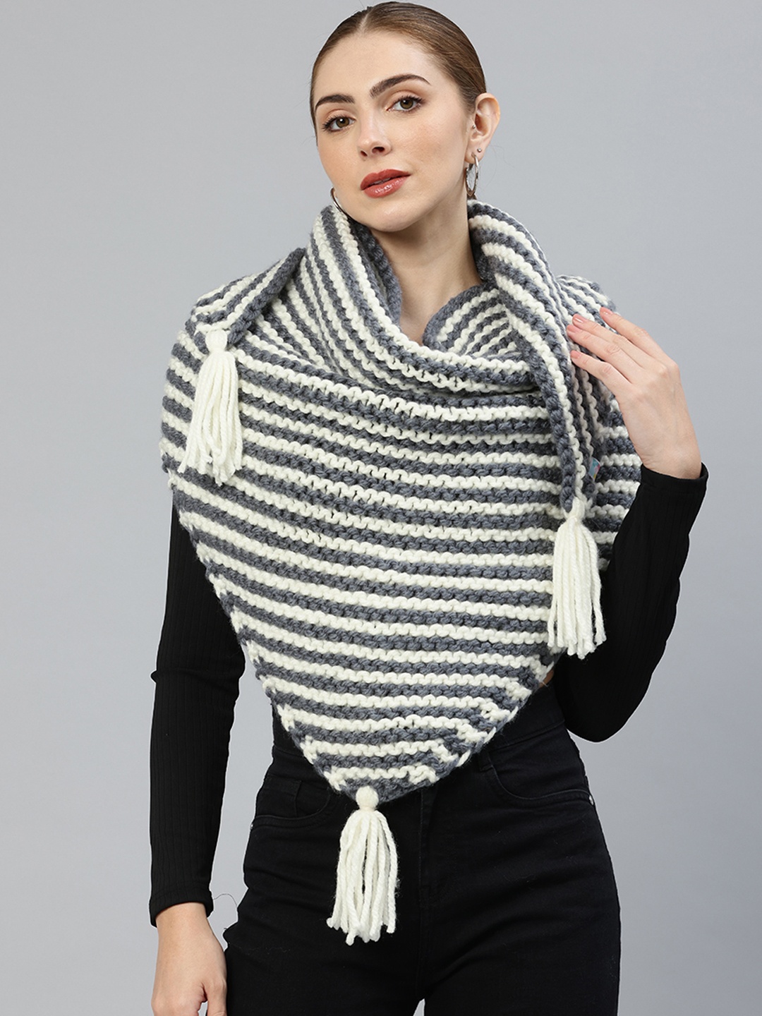 

Magic Needles Women Striped Acrylic Knitted Shawl, Grey