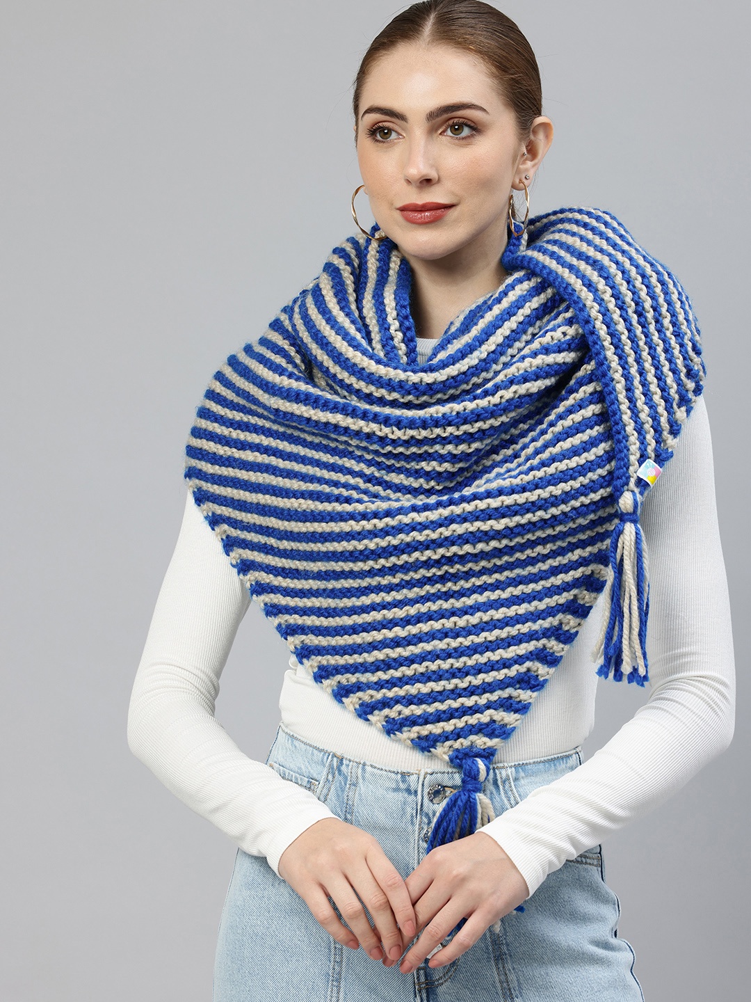 

Magic Needles Women Striped Acrylic Knitted Shawl, Blue