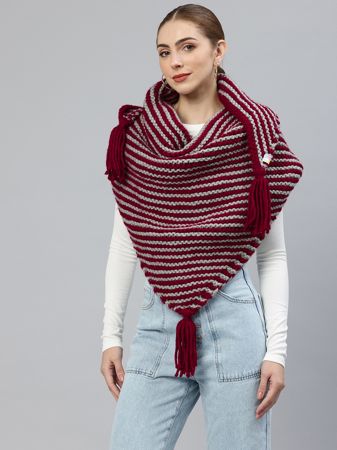 

Magic Needles Women Striped Acrylic Knitted Shawl, Maroon