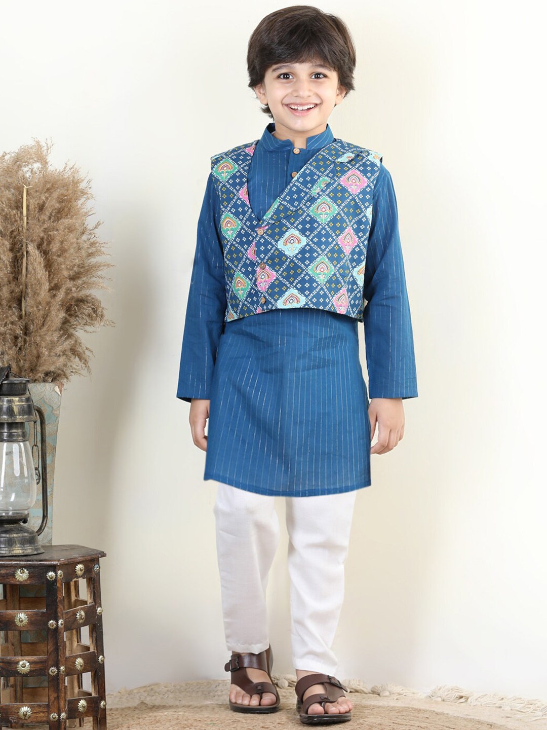 

Kinder Kids Boys Striped Pure Cotton Kurta with Pyjamas & Waistcoat, Blue