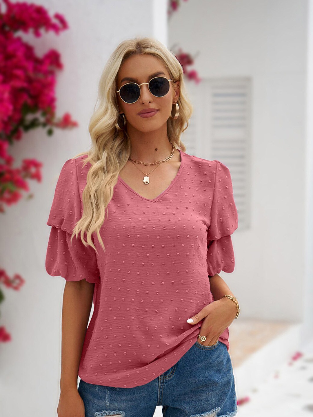 

BoStreet Pink Self Design V-Neck Puff Sleeve Top