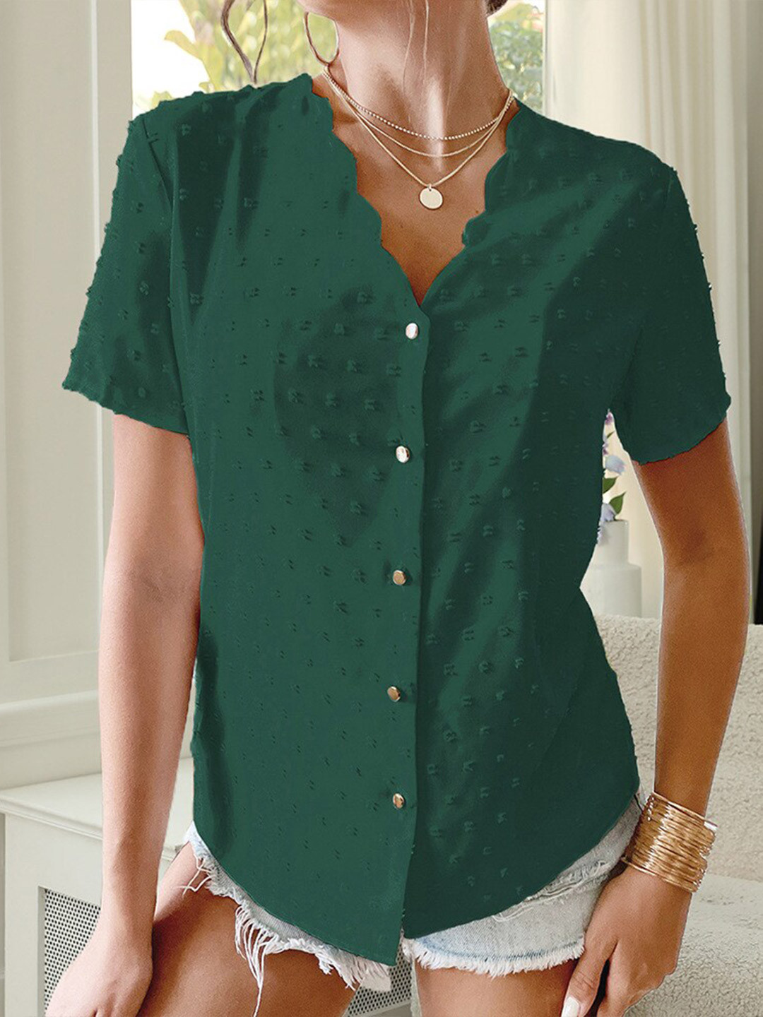 

BoStreet Green Self Design V-Neck Shirt Style Top