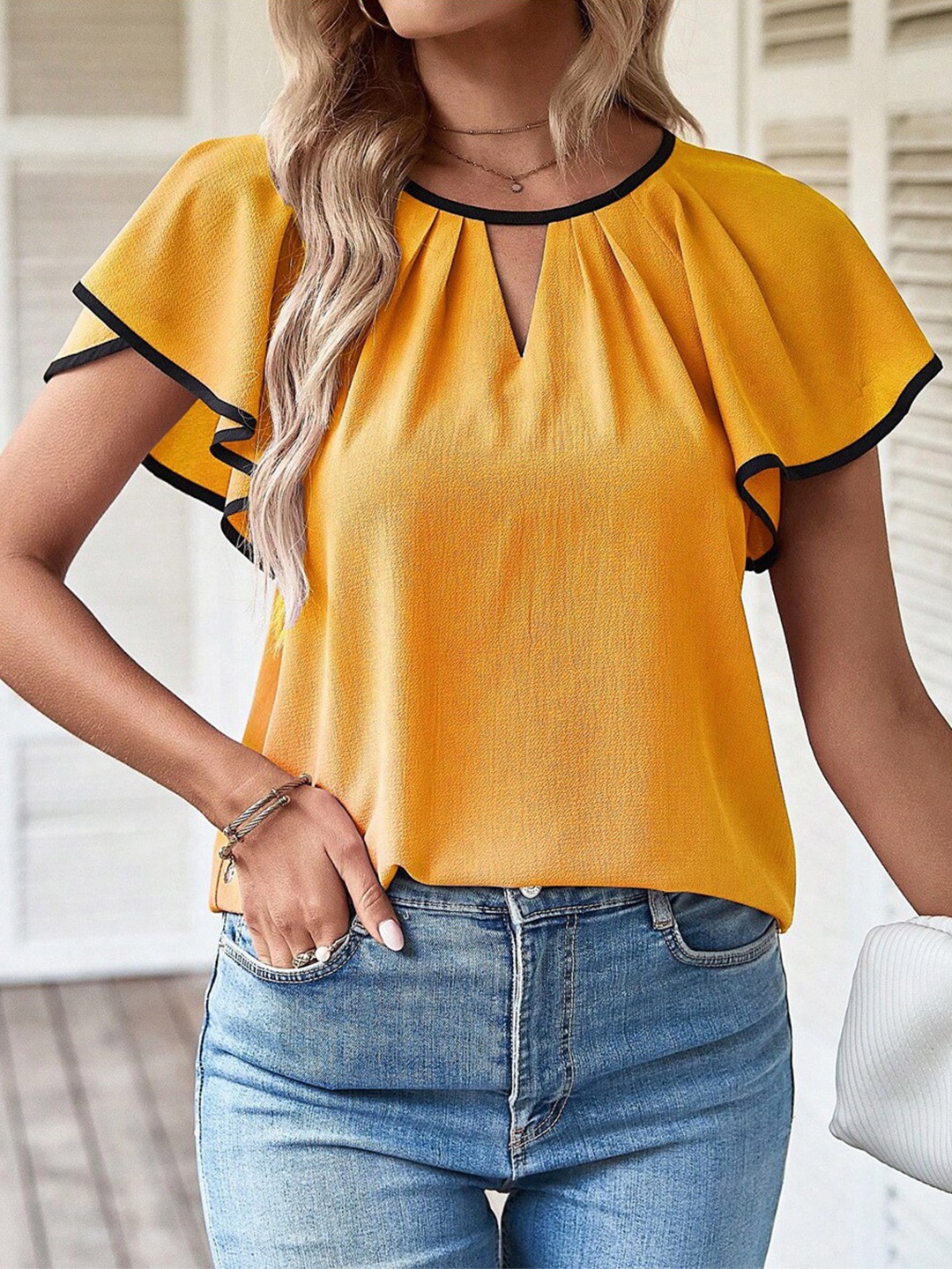 

BoStreet Yellow Keyhole Neck Flared Sleeves Regular Top