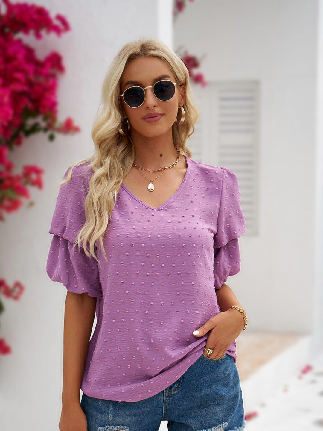 

BoStreet Purple Self Design V-Neck Puff Sleeve Top