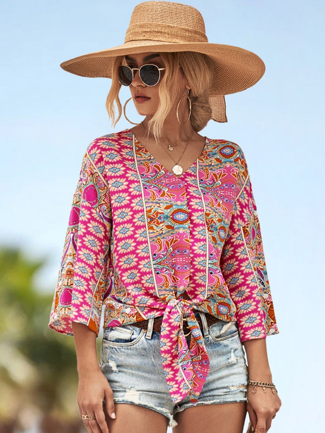 

StyleCast Pink Floral Printed V-Neck Waist Tie ups Detail Bohemian Top