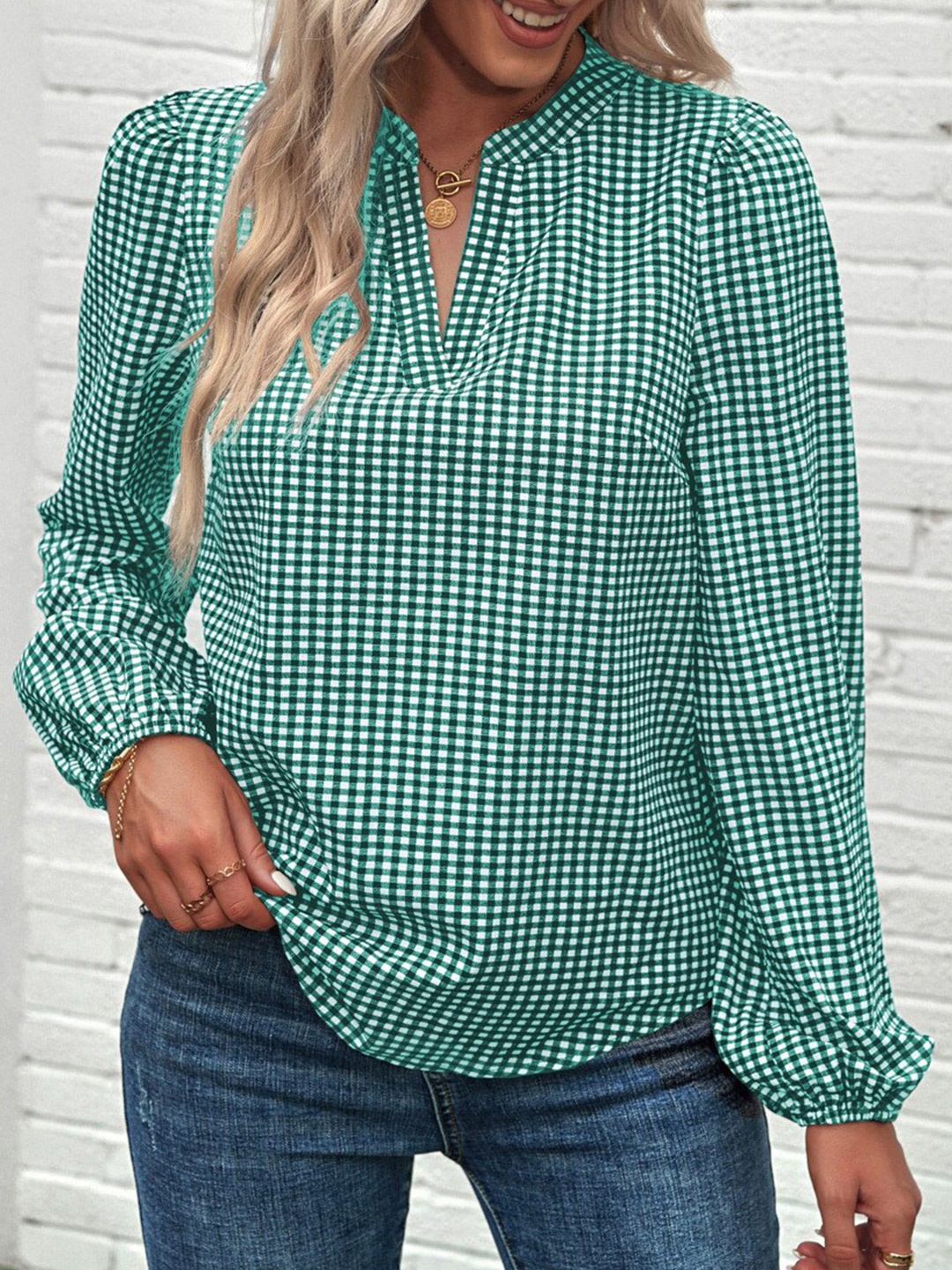 

StyleCast Green Checked Mandarin Collar Puff Sleeve Top