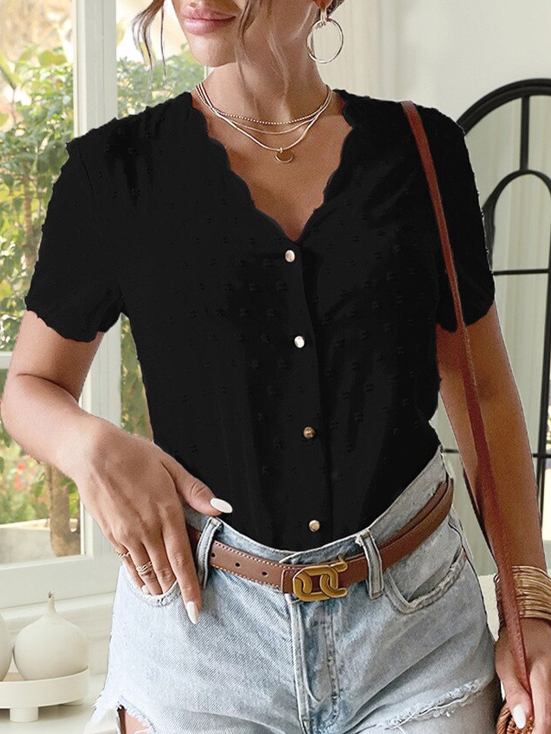 

BoStreet Black Self Design V-Neck Shirt Style Top
