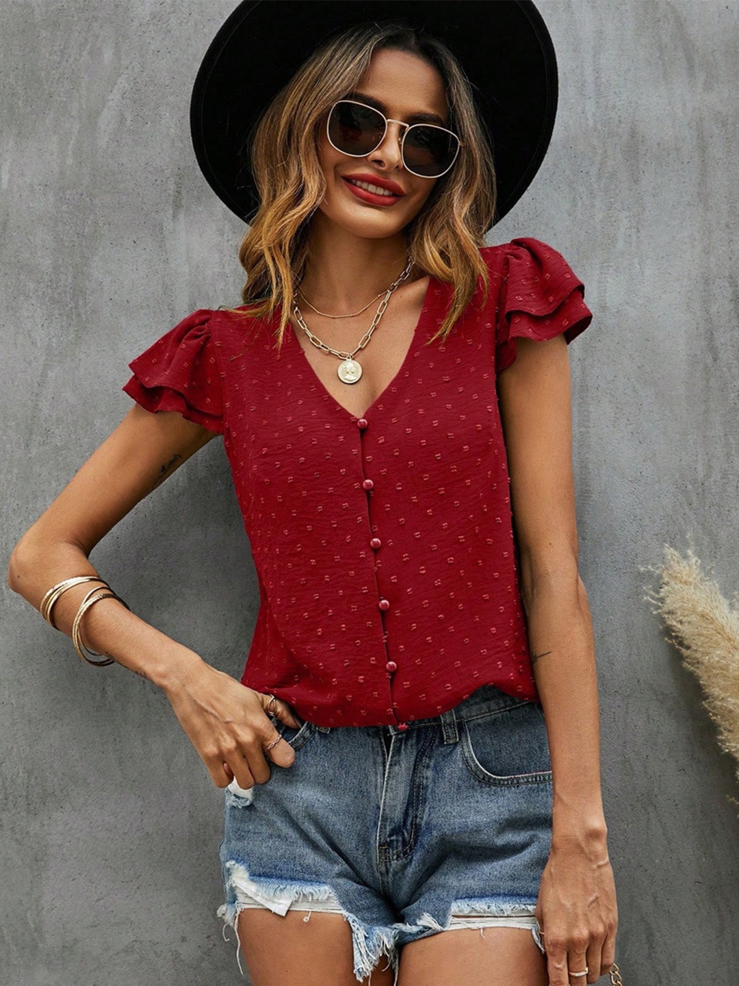

BoStreet Pink Self Design V-Neck Shirt Style Top, Red