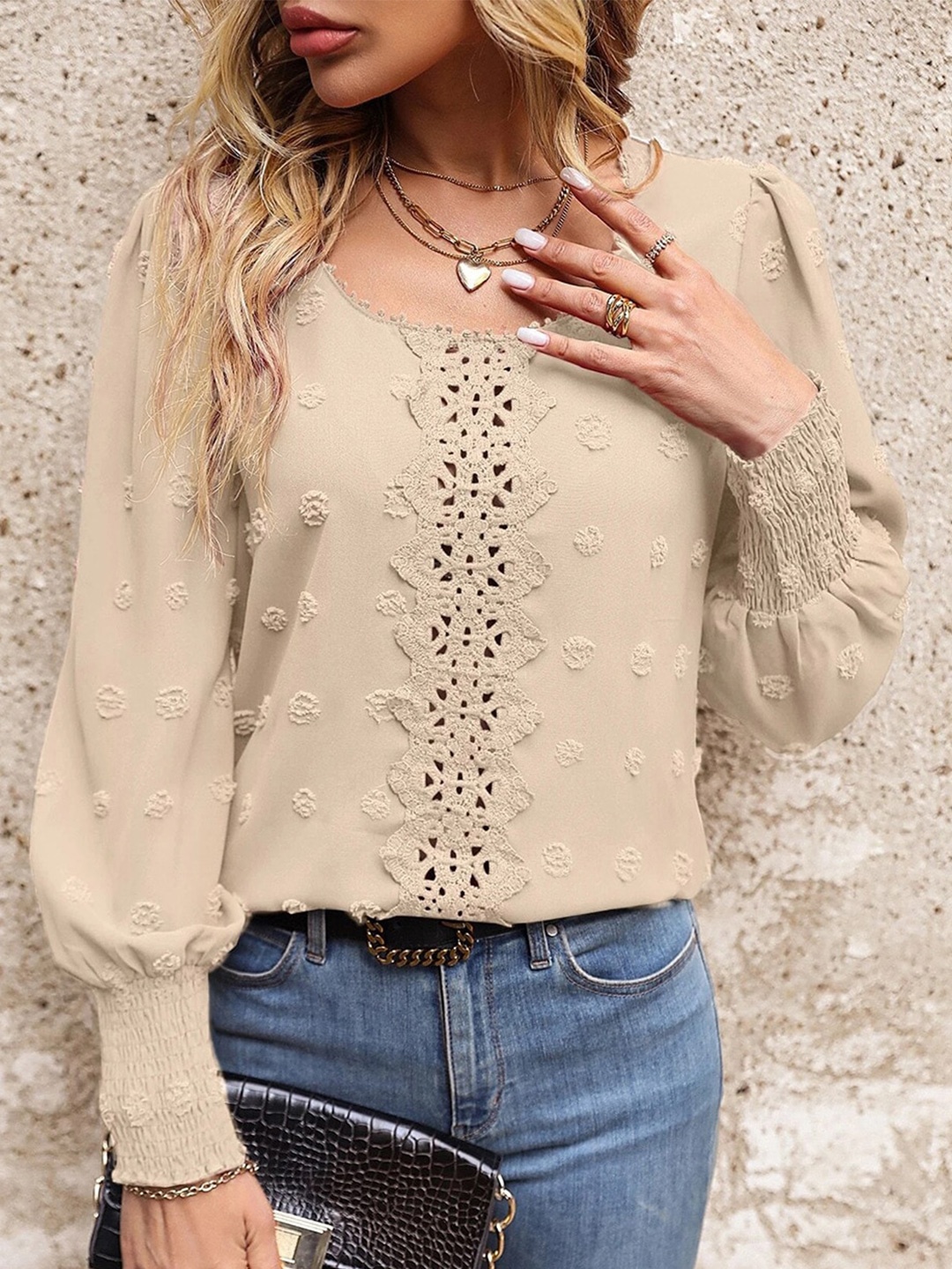 

BoStreet Beige Self Design Cuffed Sleeves Top