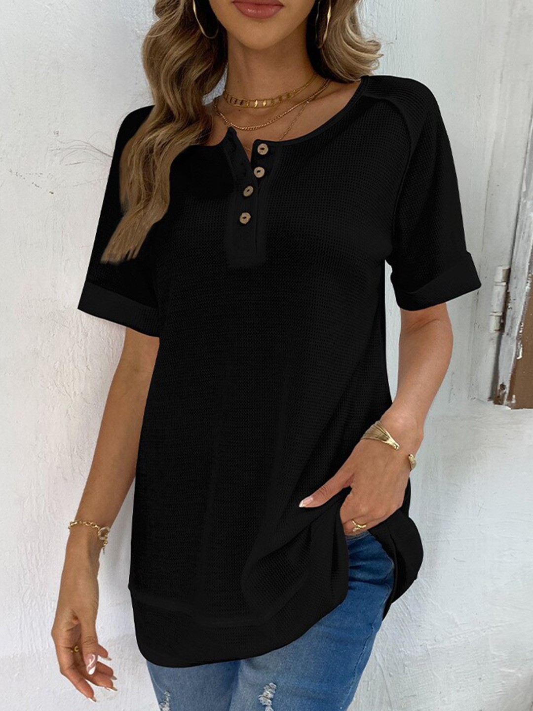 

BoStreet Black Round Neck Longline Shirt Sryle Top