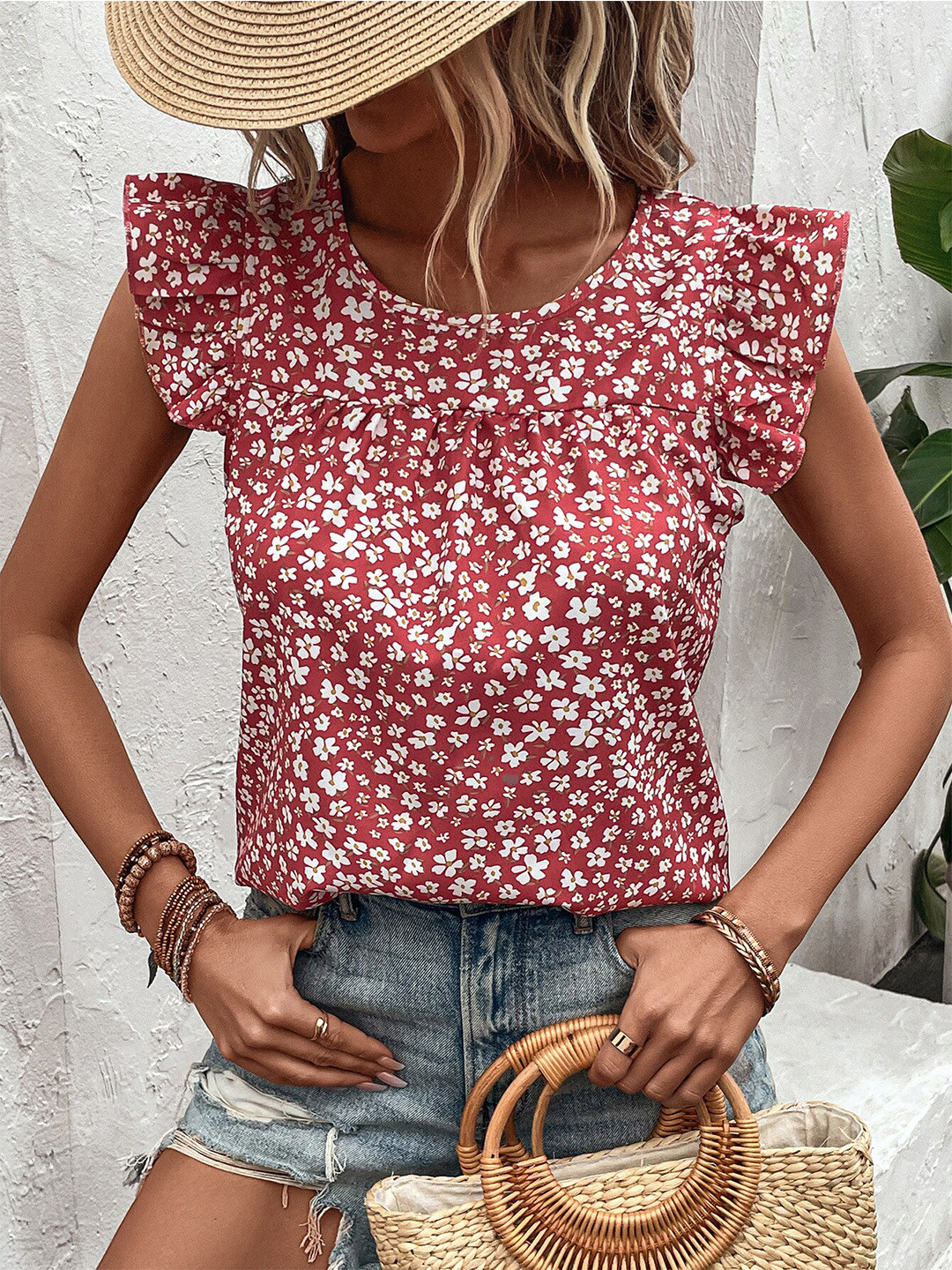

BoStreet Red Floral Printed Flutter Sleeve Shirt Style Top