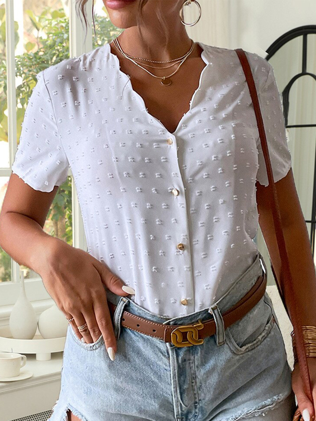 

BoStreet White Self Design Shirt Style Top