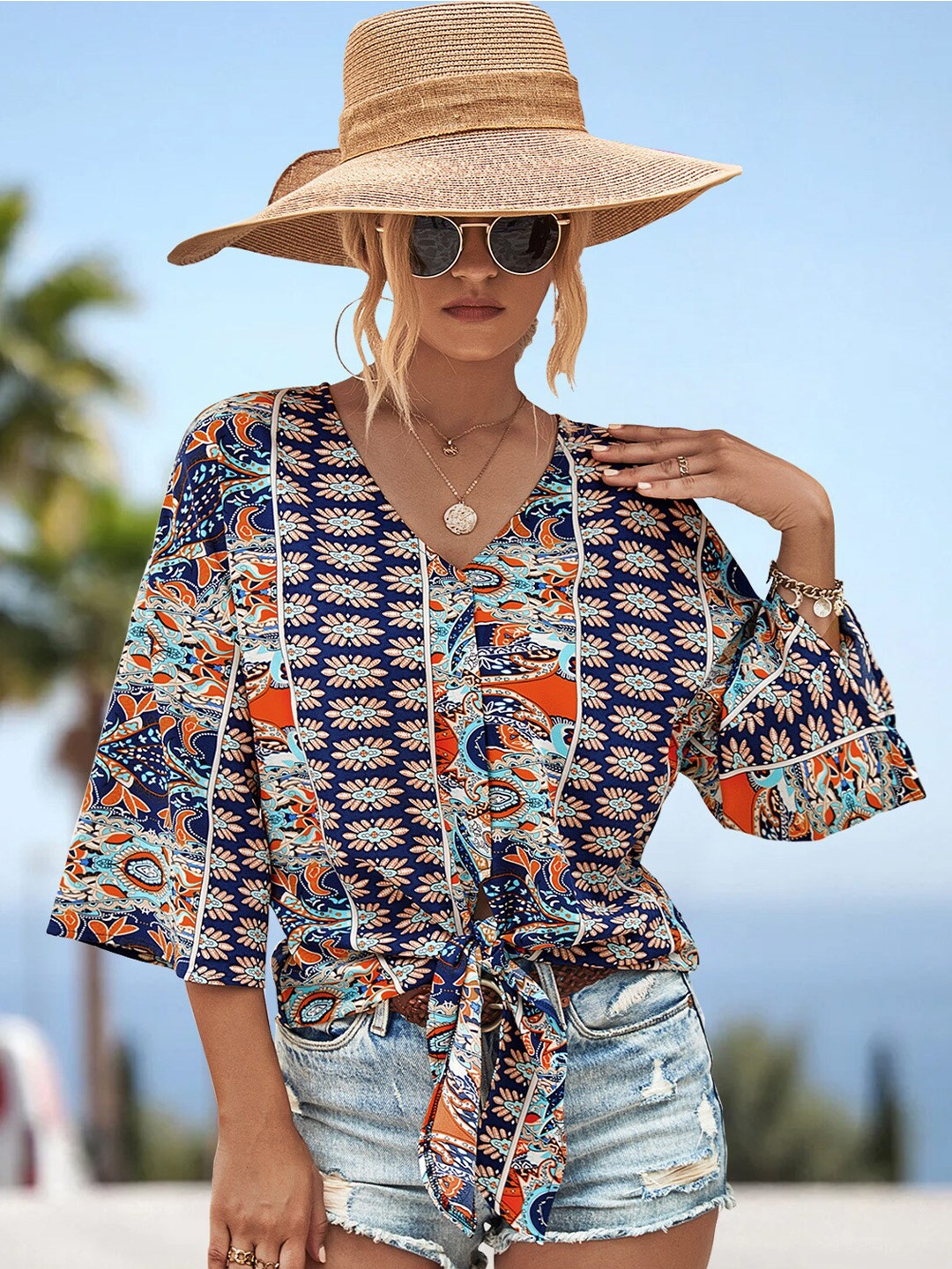 

StyleCast Navy Blue Floral Printed Flared Sleeves Bohemian Top