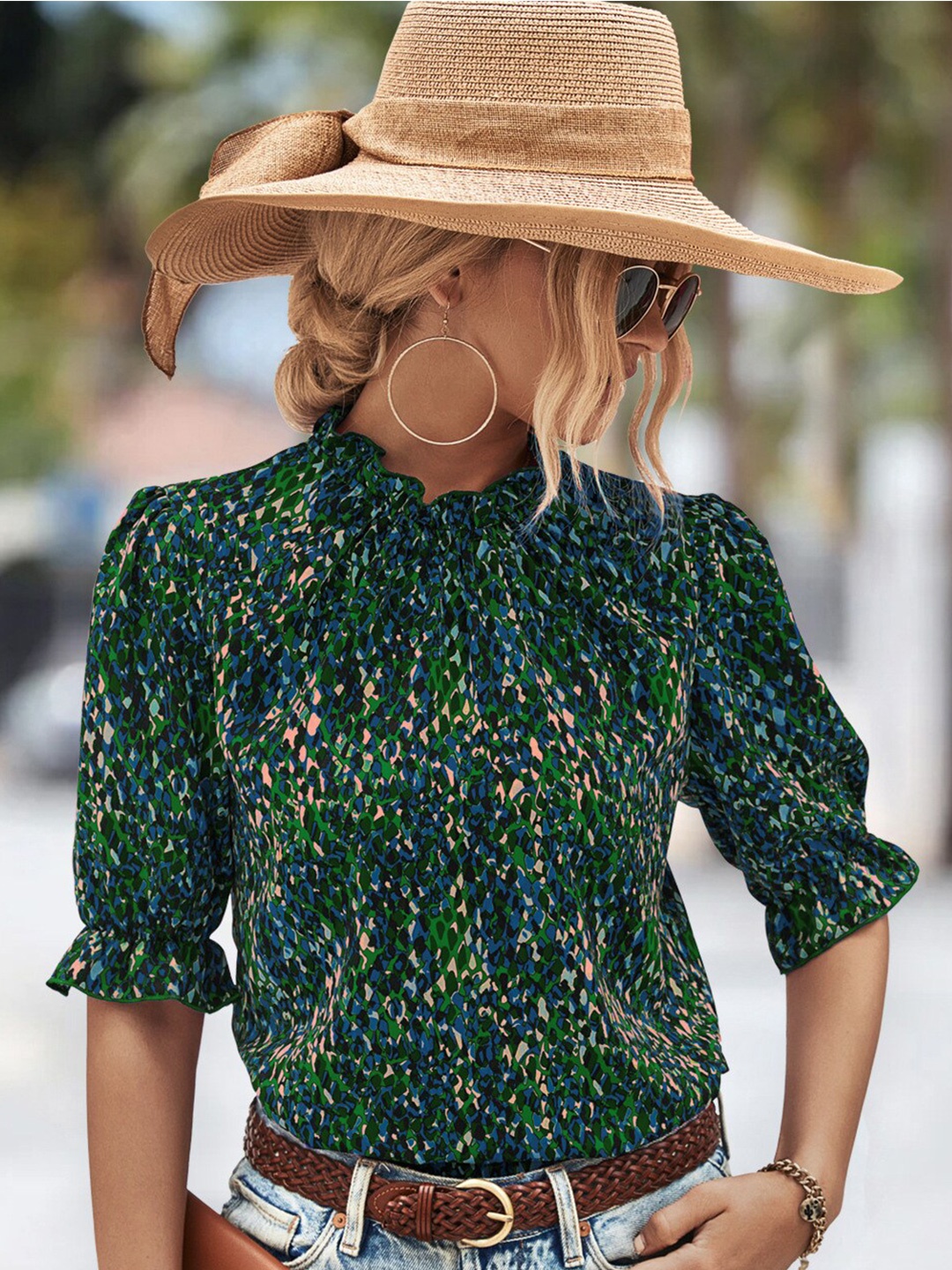 

BoStreet Green Abstract Printed High Neck Puff Sleeves Top