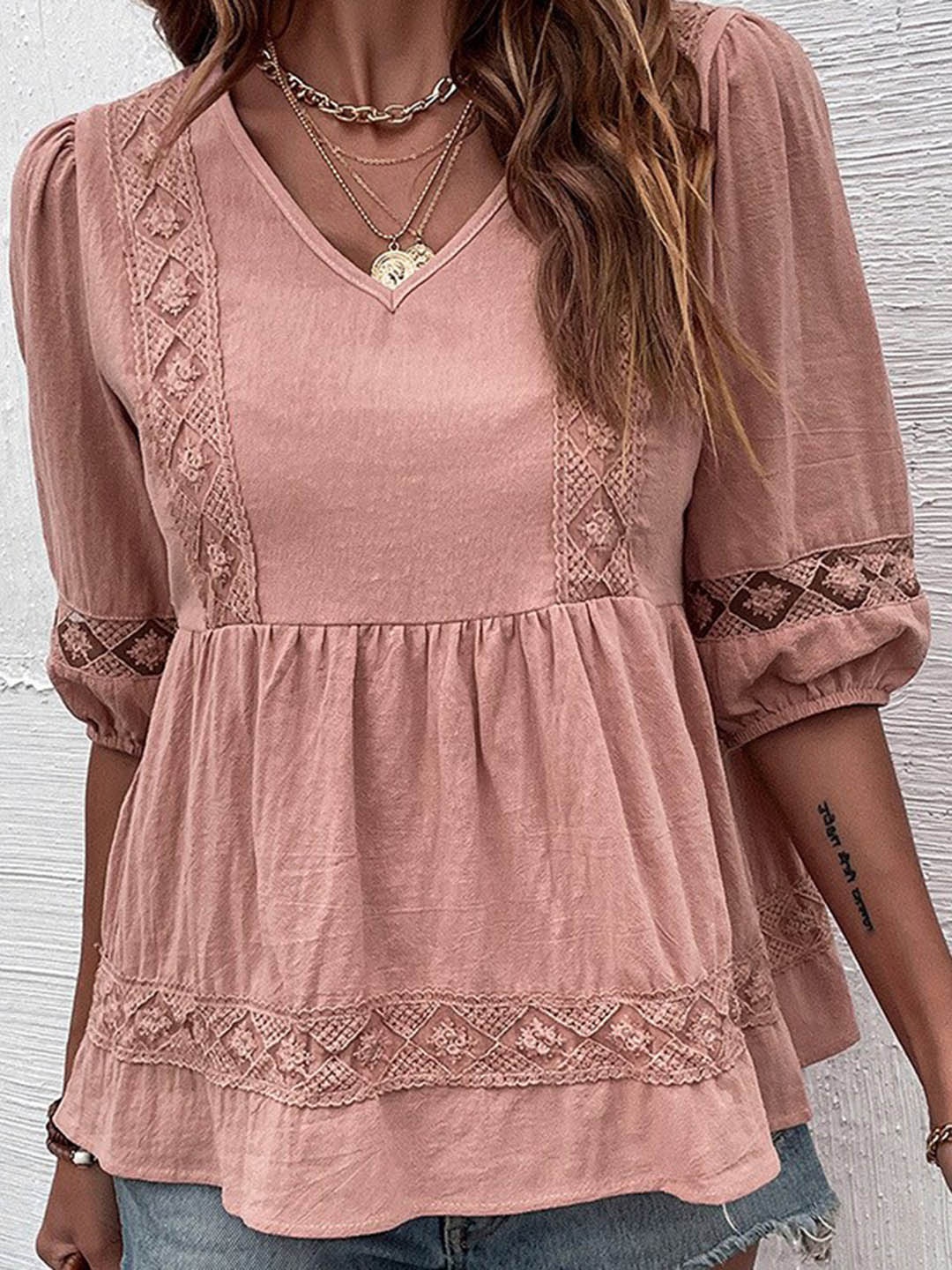 

StyleCast Peach-Coloured V-Neck Puff Sleeve Lace Up Empire Top