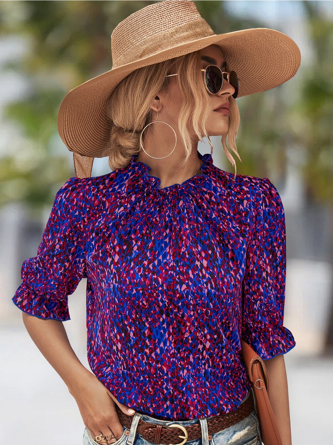 

BoStreet Blue Abstract Printed High Neck Top